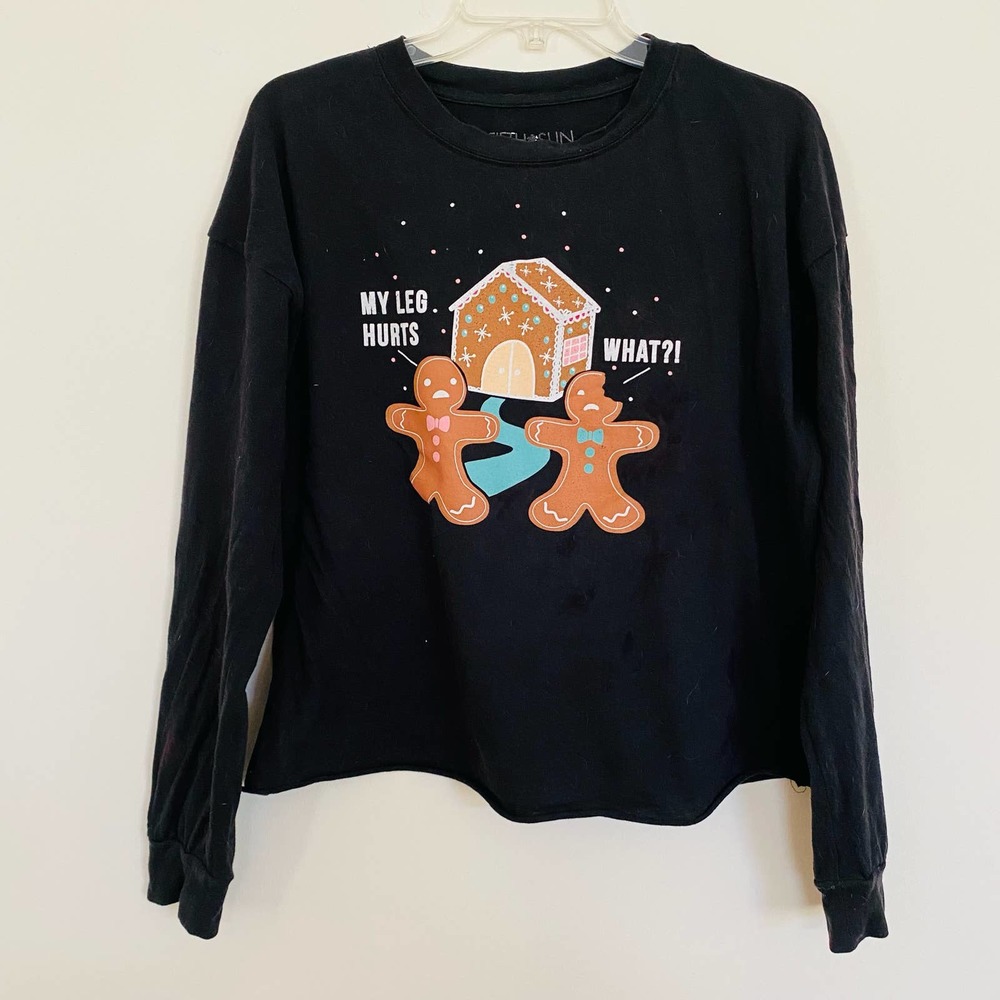 Fifth Sun Gingerbread House & Gingerbread Men Holiday Black Cotton T Shirt